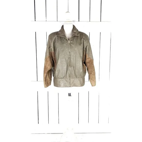 80s vintage beige brown suede and leather zipper bomber Dolman sleeve jacket